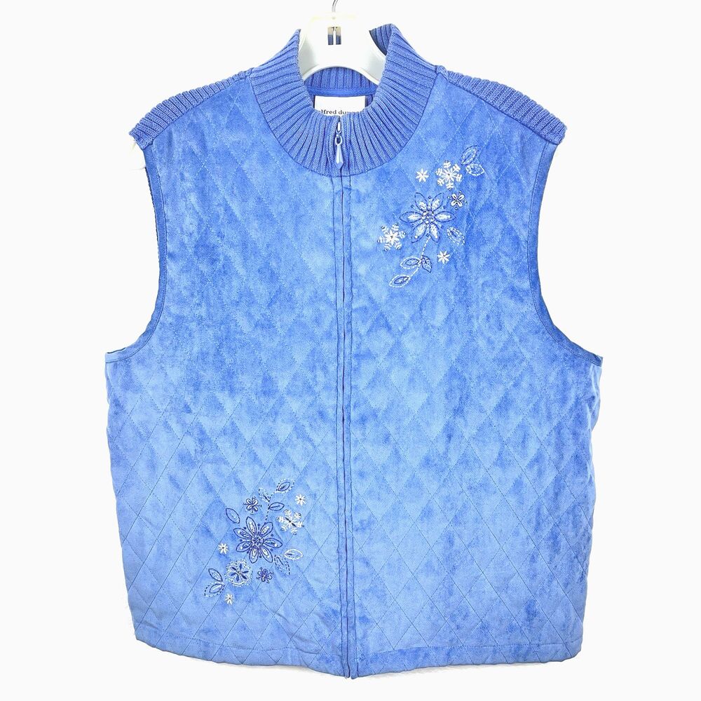 Alfred Dunner Blue Quilted Vest Womens SZ XL Embroidered Snowflakes Holiday
